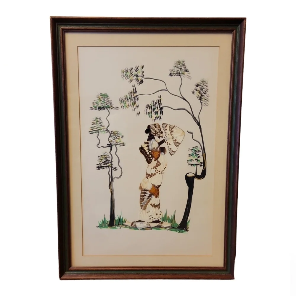 Vintage Butterfly Wing Indigenous African Tribal Framed Hanging Art 12.5